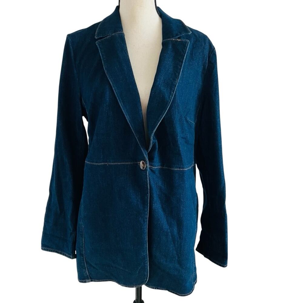 Chico’s Long Denim Blazer Dark Blue Wash Size Large 12